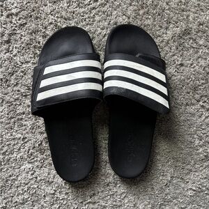 Adidas Black and White Striped Slides
